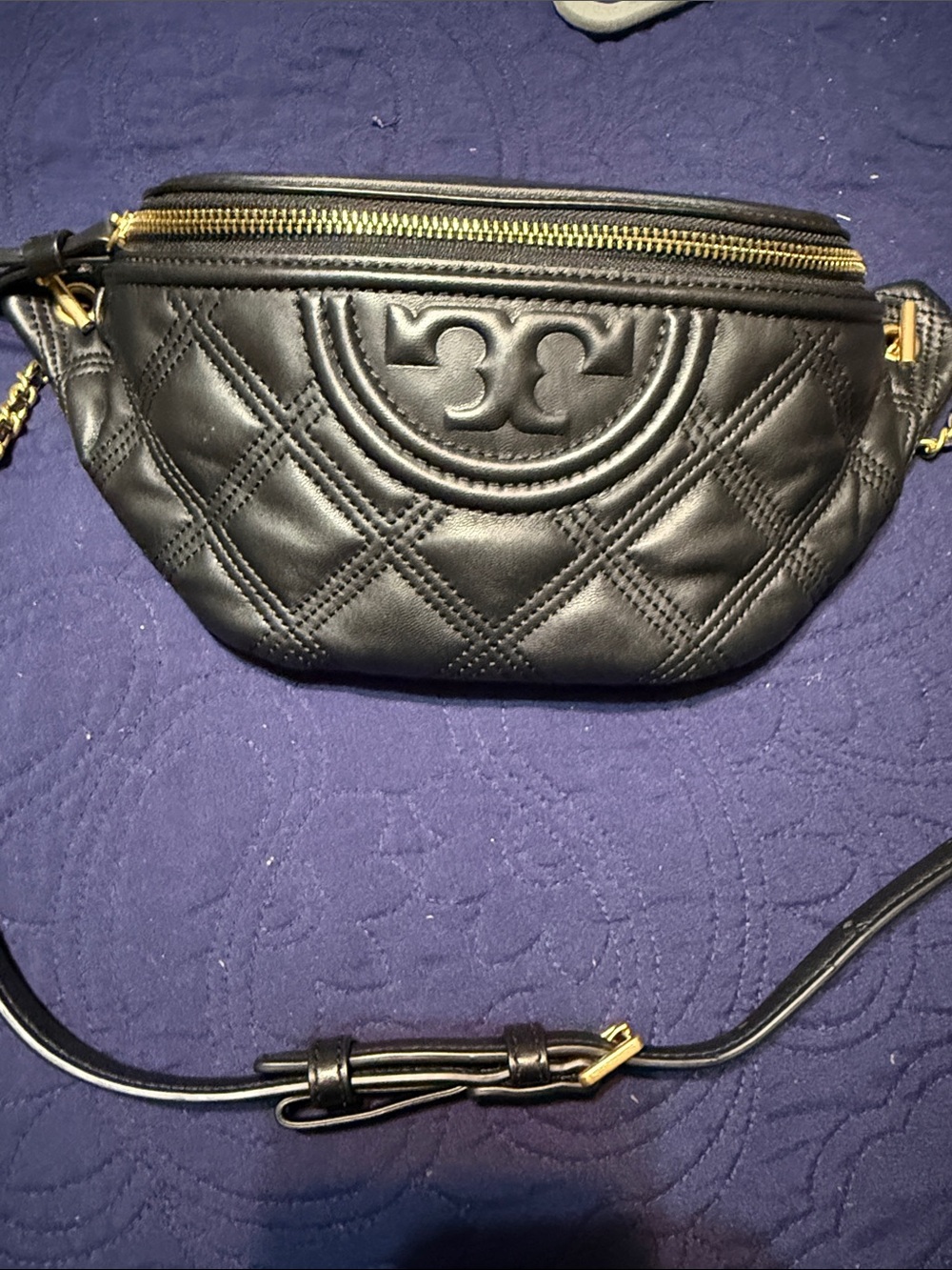 Tory Burch Black Quilted Leather Crossbody Belt Bag with Gold Hardware